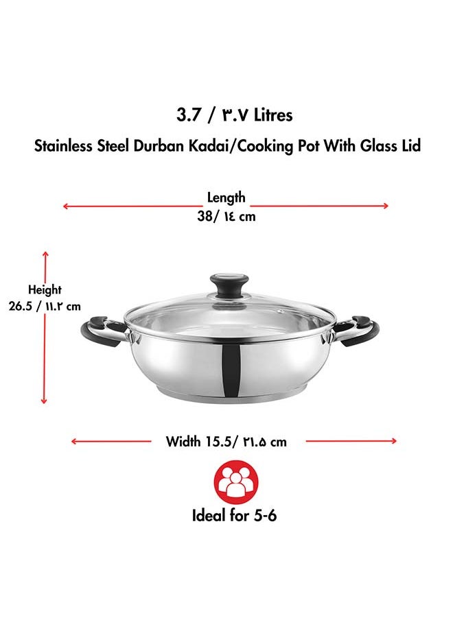 Vinod Durban Stainless Steel Kadhai with Glass Lid 3.7 Litre (26 cm) | 6.2mm Thick | Kadhai for Deep Frying | Induction and Gas Base| 2 Year Warranty - Silver