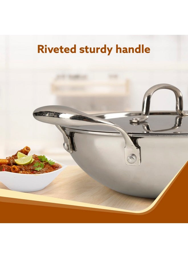 AGARO Regency Tri-Ply Steel Kadai, 2.75L Capacity, 26 cm Diameter, Stainless Steel, Riveted Handle, Food Safe, Gas Oven and Induction Oven Compatible, Cooking, Frying, Serving, Silver