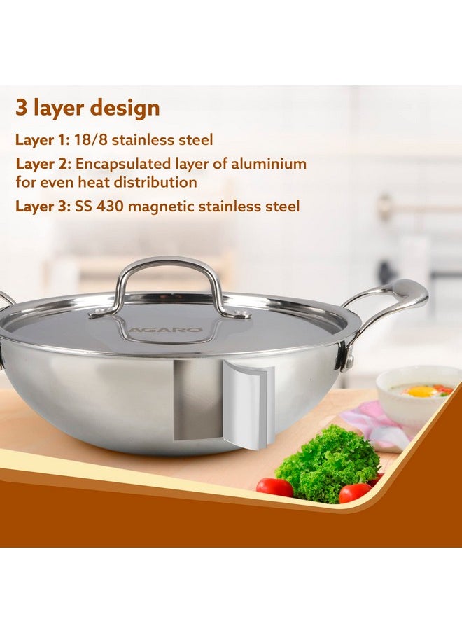 AGARO Regency Tri-Ply Steel Kadai, 2.75L Capacity, 26 cm Diameter, Stainless Steel, Riveted Handle, Food Safe, Gas Oven and Induction Oven Compatible, Cooking, Frying, Serving, Silver