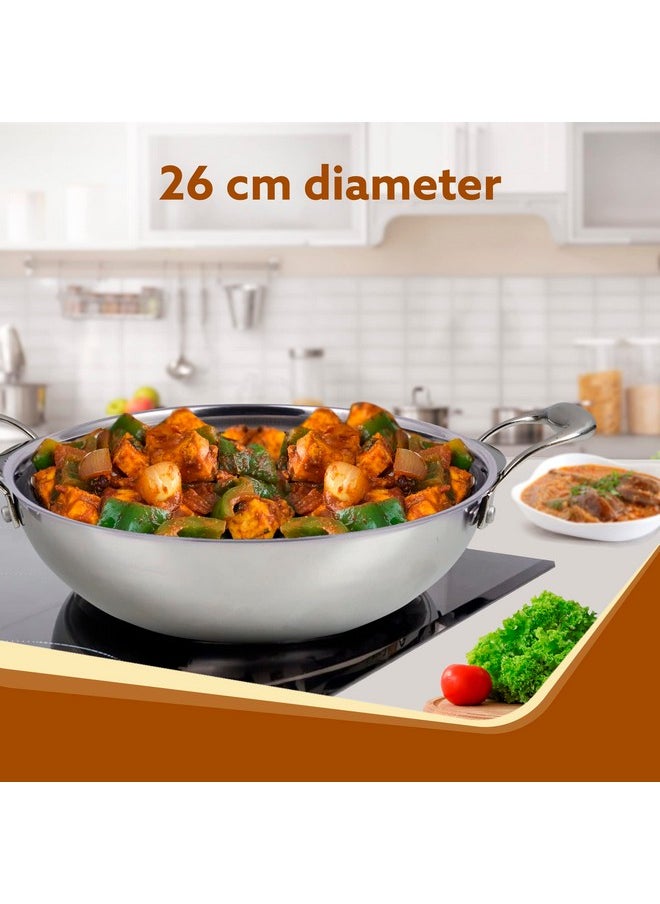AGARO Regency Tri-Ply Steel Kadai, 2.75L Capacity, 26 cm Diameter, Stainless Steel, Riveted Handle, Food Safe, Gas Oven and Induction Oven Compatible, Cooking, Frying, Serving, Silver