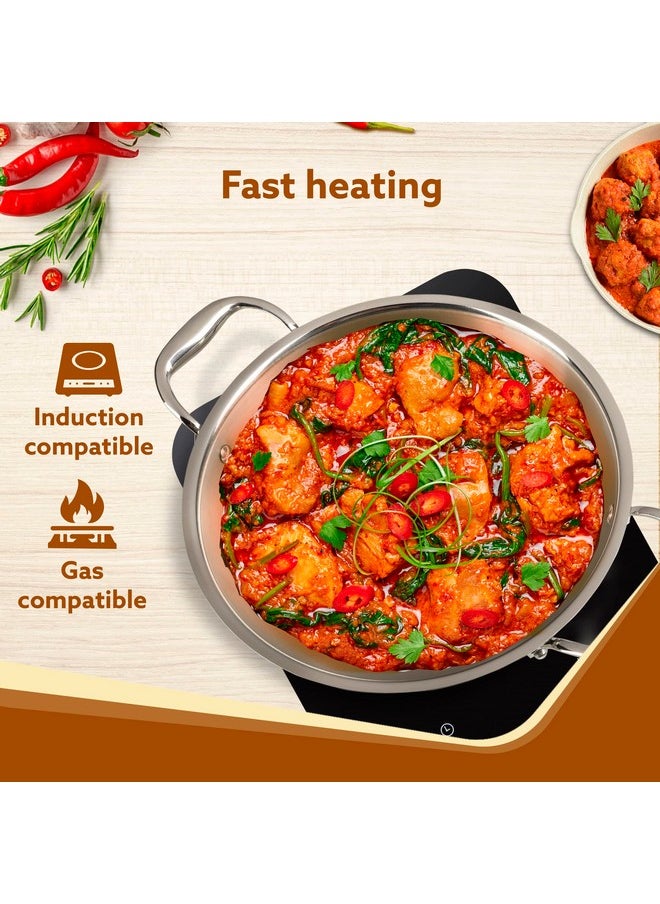 AGARO Regency Tri-Ply Steel Kadai, 2.75L Capacity, 26 cm Diameter, Stainless Steel, Riveted Handle, Food Safe, Gas Oven and Induction Oven Compatible, Cooking, Frying, Serving, Silver