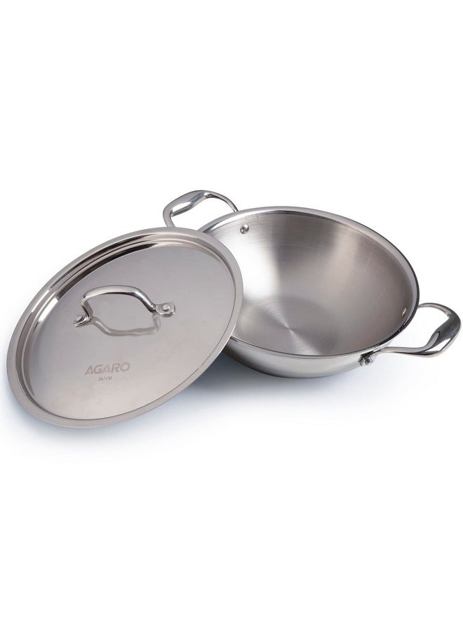 AGARO Regency Tri-Ply Steel Kadai, 2.75L Capacity, 26 cm Diameter, Stainless Steel, Riveted Handle, Food Safe, Gas Oven and Induction Oven Compatible, Cooking, Frying, Serving, Silver