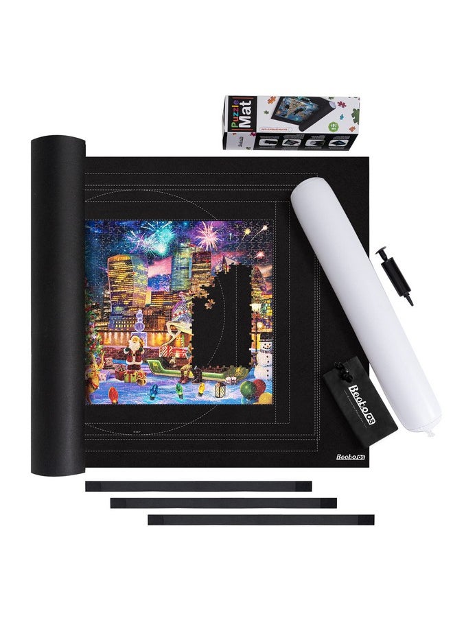 Becko US 2000-Pc Jigsaw Puzzle Mat Roll Up with Auxiliary Line,Black Felt Mat with Black Pump & Drawstring Storage Bag, Portable Puzzle Saver for Easy Transport & Storage for 2000 1500 1000 500 Piece