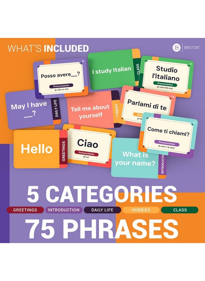 Italian Conversational Phrase Flash Cards - 75 Beginner Sayings for Travel, Memory, Quick Reference - Educational Language Learning Resource Tool - Fun Play - Kids, Students, Classroom, Homeschool