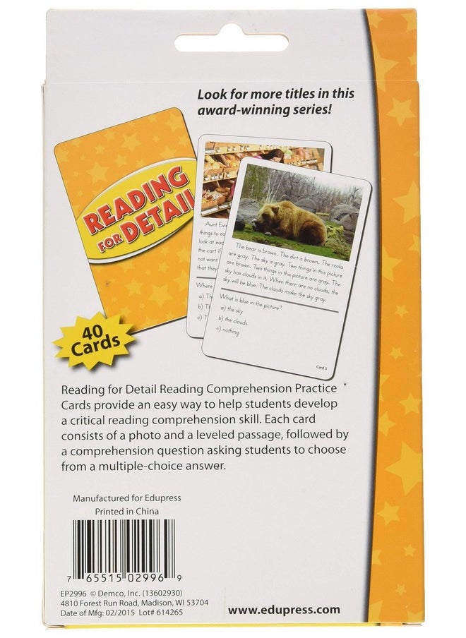 Edupress Reading Comprehension Practice Cards, Reading for Detail, Yellow Level (EP62996)