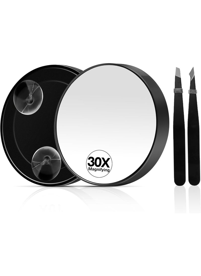 MIYADIVA 30X Magnifying Mirror, Magnifying Mirror Suction Cup, Travel Makeup Mirror with Precise Tweezers, Compact Mirror for The Removal of Female Facial Hair, 3.5 Inches (Black)