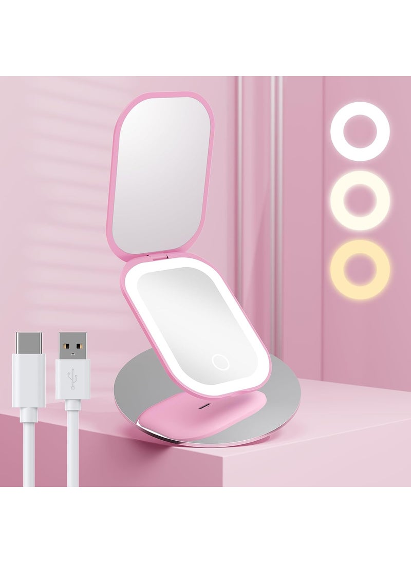 Benbilry Lighted Compact Travel Mirror with 3 Color Lights, 1X/3X Magnifying Ultra Slim Rechargeable Pocket Mirror for Purse, 2-Sided, Handheld, Folding, Portable, Pink