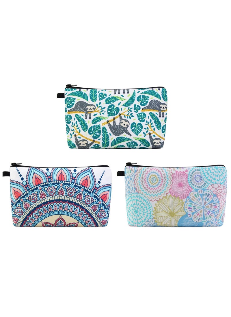 MAGEFY Makeup Bag 3 Styles Portable Travel Cosmetic Bag for Women Flower Patterns Small Toiletry Bag Sloth Gifts for Women Makeup Pouch with Black Zipper Pouch (3 packs)