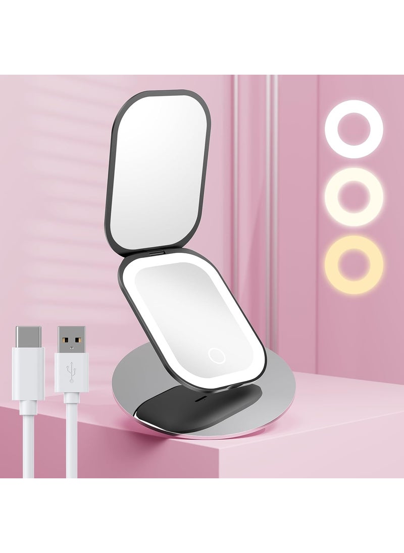 Benbilry Lighted Compact Travel Mirror with 3 Color Lights, 1X/3X Magnifying Ultra Slim Rechargeable Pocket Mirror for Purse, 2-Sided, Handheld, Folding, Portable, Black