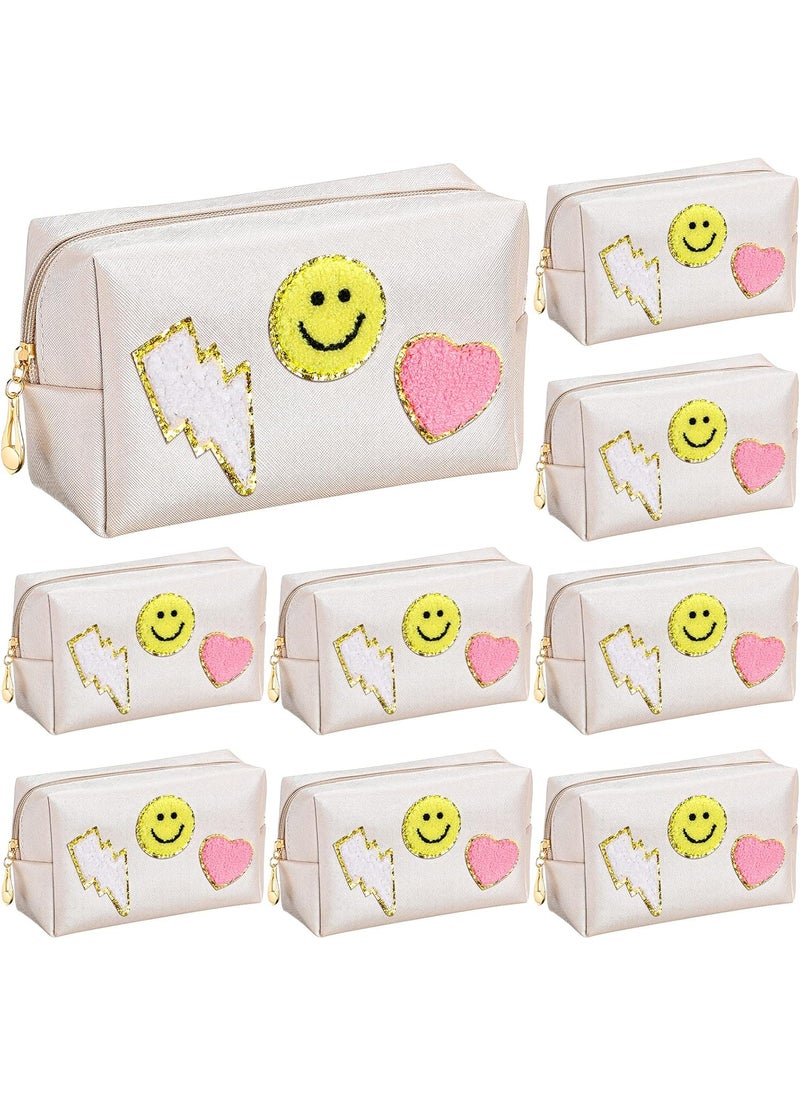 Chunful 9 Pieces Preppy Patch Makeup Bag Chenille Letters Cosmetic Bag Pu Leather Portable Waterproof Toiletry Bag Travel Makeup Bag for Women Christmas Gifts(Gold,Smile, Lightning, Heart)
