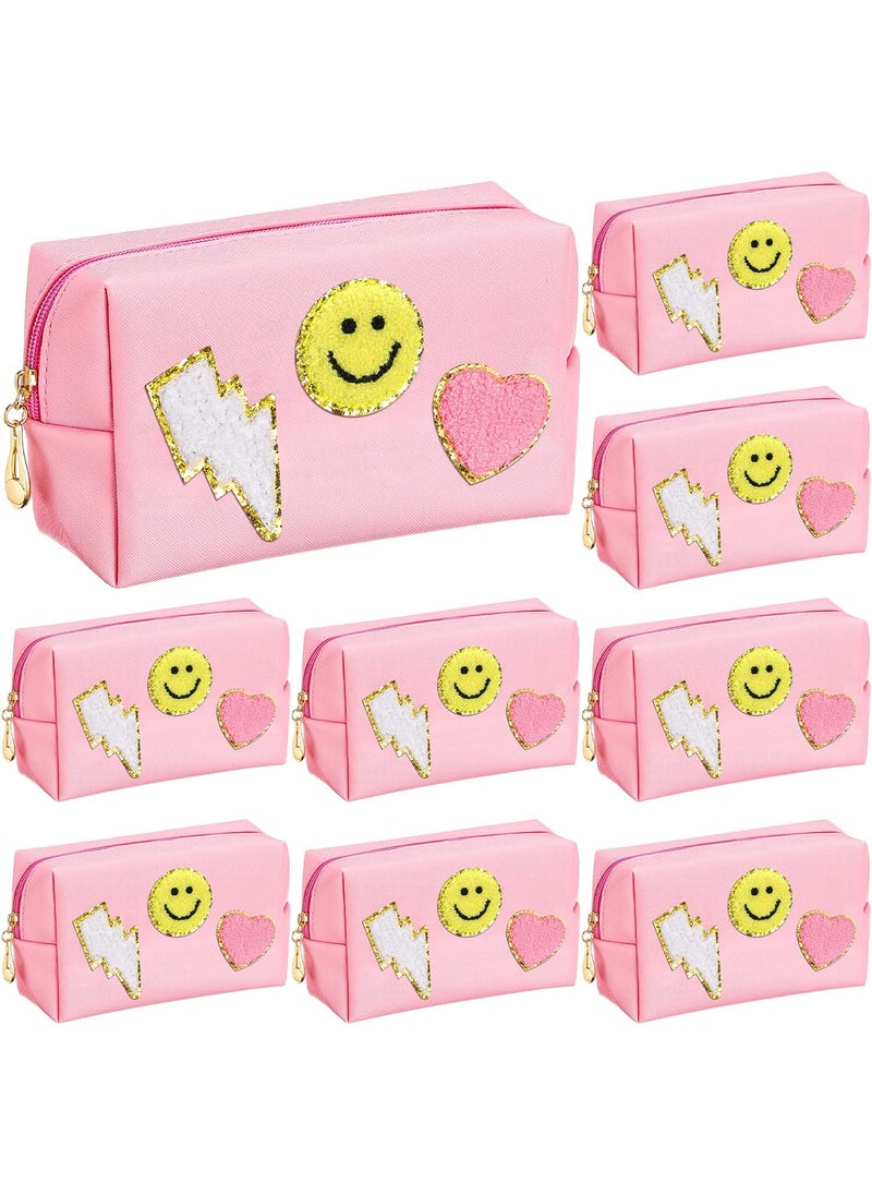 Chunful 9 Pieces Preppy Patch Makeup Bag Chenille Letters Cosmetic Bag Pu Leather Portable Waterproof Toiletry Bag Travel Makeup Bag for Women Christmas Gifts(Pink,Smile, Lightning, Heart)