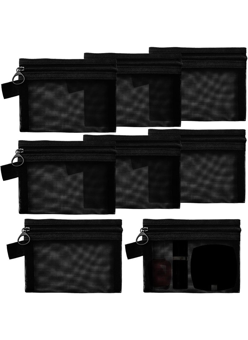 8 PCS Small Zipper Pouch Black Coin Purse Mini Mesh Pouches Cosmetic Bag Travel Portable Makeup Case Mesh Organizing Storage Bags with Keychain for Women
