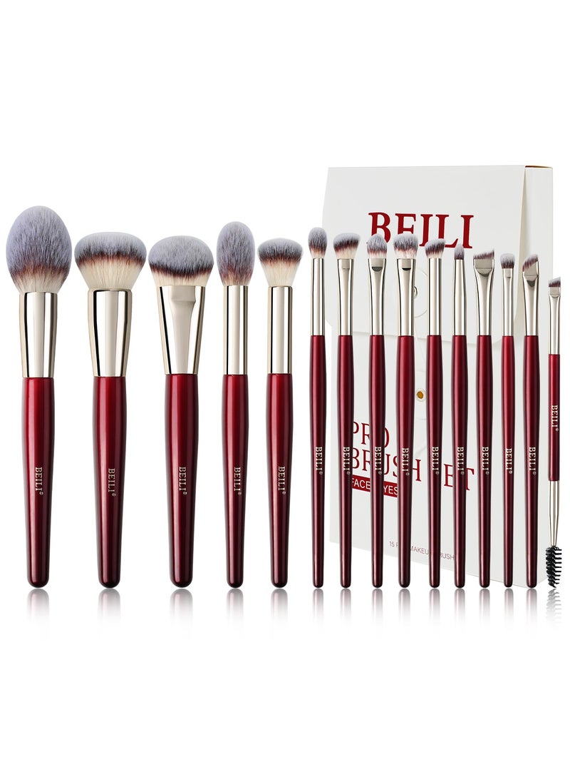 BEILI Makeup Brush Set 15Pcs Professional Contoured Foundation Brush Premium Synthetic Makeup Brushes for Liquid, Cream & Powder Eyeshadow(Red)