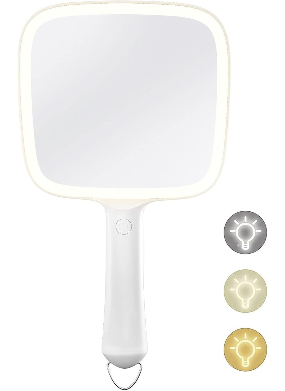 Lighted Handheld Mirror with 3 Light Color and Dimmable, 6.2'' X 5.9'' Makeup Mirror, Wide Viewing Angle, Lightweight & Durable, 4 AAA Battery, Versatile & Hangable for Makeup Application (White)