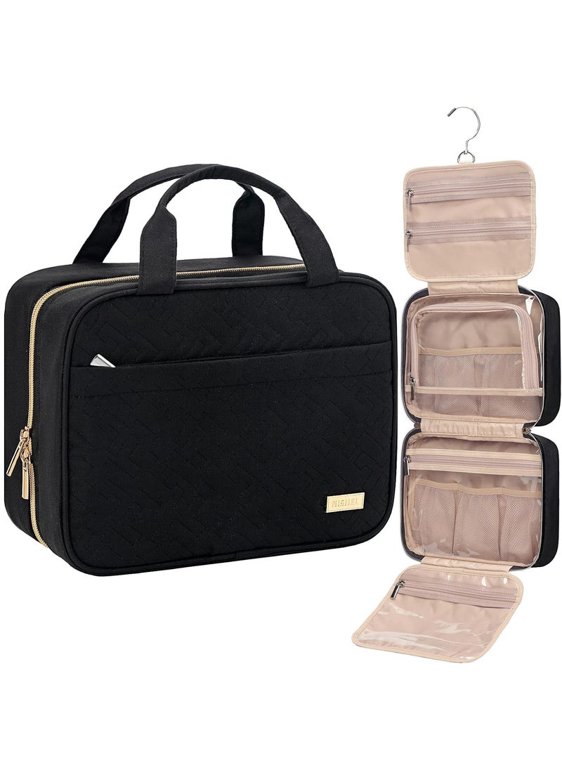 NISHEL Travel Toiletry Bag for women, Portable Hanging Organizer for Travel-Sized Shampoo, Conditioner, Brushes Set, makeup Accessories, Medium Size, Black