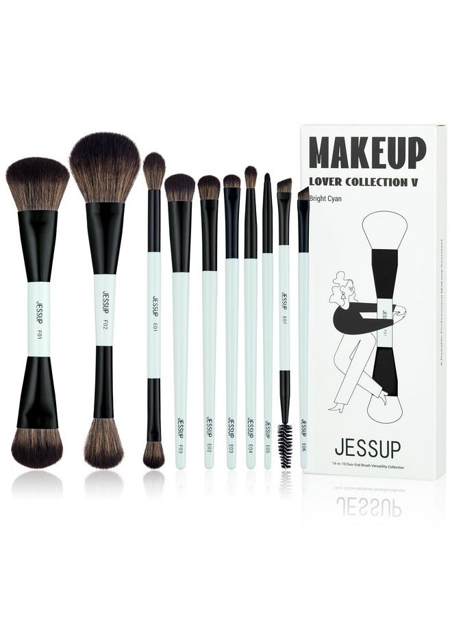 Jessup Makeup Brushes Set 10pcs, Double Sided Foundation Contour Blush Highlight Blending Eyebrow Brush Eyeshadow Eyeliner Concealer Brush, Bright Cyan Cruelty Free Cosmetic Tools T500