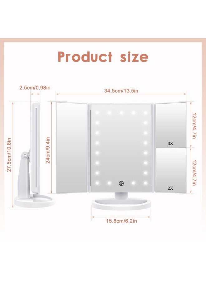 WEILY Makeup Vanity Mirror with 21 LED Lights and Touch Screen, Tri-Fold 1x 2X 3X Magnification,180° Adjustable Rotation and USB Powered,Countertop Cosmetic Mirror (White)