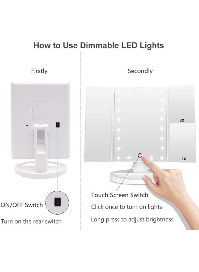 WEILY Makeup Vanity Mirror with 21 LED Lights and Touch Screen, Tri-Fold 1x 2X 3X Magnification,180° Adjustable Rotation and USB Powered,Countertop Cosmetic Mirror (White)