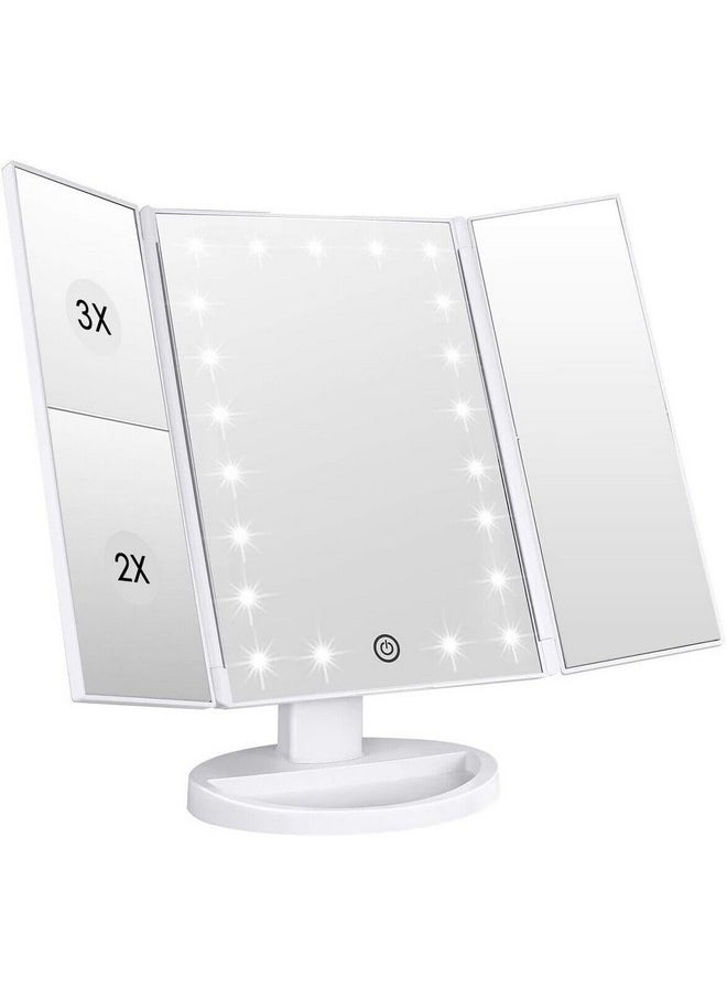 WEILY Makeup Vanity Mirror with 21 LED Lights and Touch Screen, Tri-Fold 1x 2X 3X Magnification,180° Adjustable Rotation and USB Powered,Countertop Cosmetic Mirror (White)