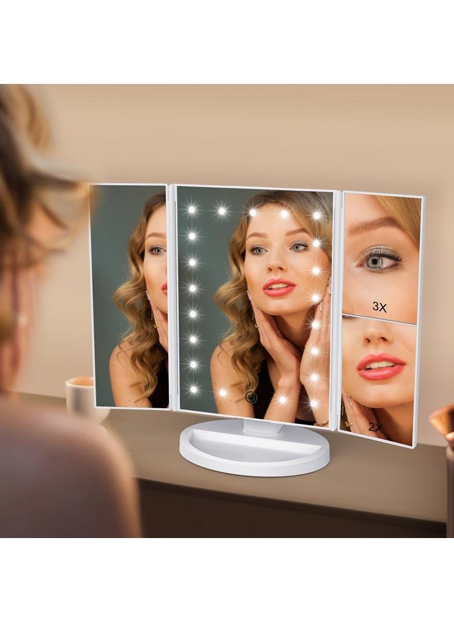 WEILY Makeup Vanity Mirror with 21 LED Lights and Touch Screen, Tri-Fold 1x 2X 3X Magnification,180° Adjustable Rotation and USB Powered,Countertop Cosmetic Mirror (White)