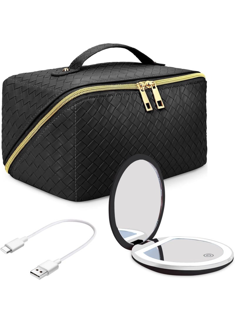 Travel Cosmetic Bags for Women - PU Leather Makeup Bag with Led Pocket Mirror - Waterproof Make up Organizers Bag - Makeup Toiletry Travel Bag - Cosmetics Organizer Bag - Makeup Travel Case
