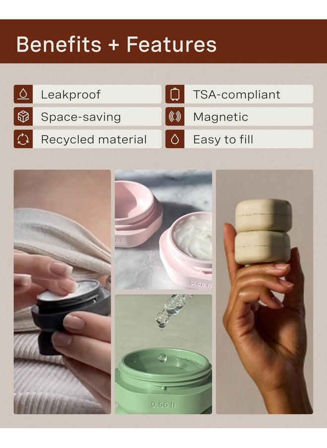 Cadence Travel Containers - Skincare Set - Magnetic Travel Capsules - For Facial Cleanser, Moisturizer, Sunscreen - 3 Small Capsules (0.56oz) with Cleanser, Moisturizer & Sun-Icon Labels - Eucalyptus