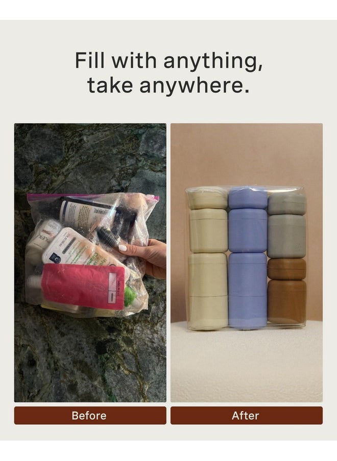 Cadence Travel Containers - Skincare Set - Magnetic Travel Capsules - For Facial Cleanser, Moisturizer, Sunscreen - 3 Small Capsules (0.56oz) with Cleanser, Moisturizer & Sun-Icon Labels - Eucalyptus