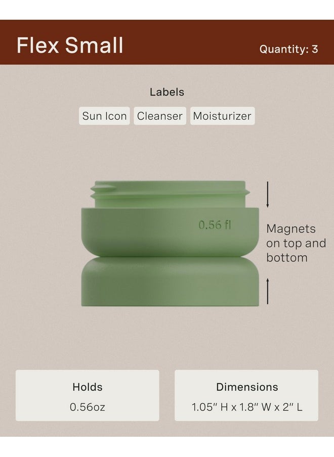 Cadence Travel Containers - Skincare Set - Magnetic Travel Capsules - For Facial Cleanser, Moisturizer, Sunscreen - 3 Small Capsules (0.56oz) with Cleanser, Moisturizer & Sun-Icon Labels - Eucalyptus