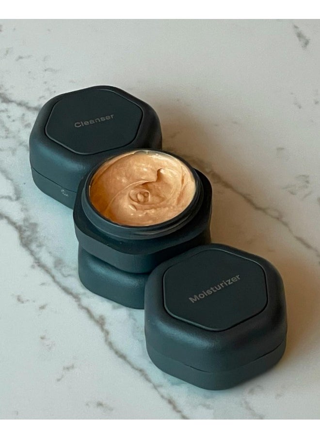 Cadence Travel Containers - Skincare Set - Magnetic Travel Capsules - For Facial Cleanser, Moisturizer, Sunscreen - 3 Small Capsules (0.56oz) with Cleanser, Moisturizer & Sun-Icon Labels - Eucalyptus