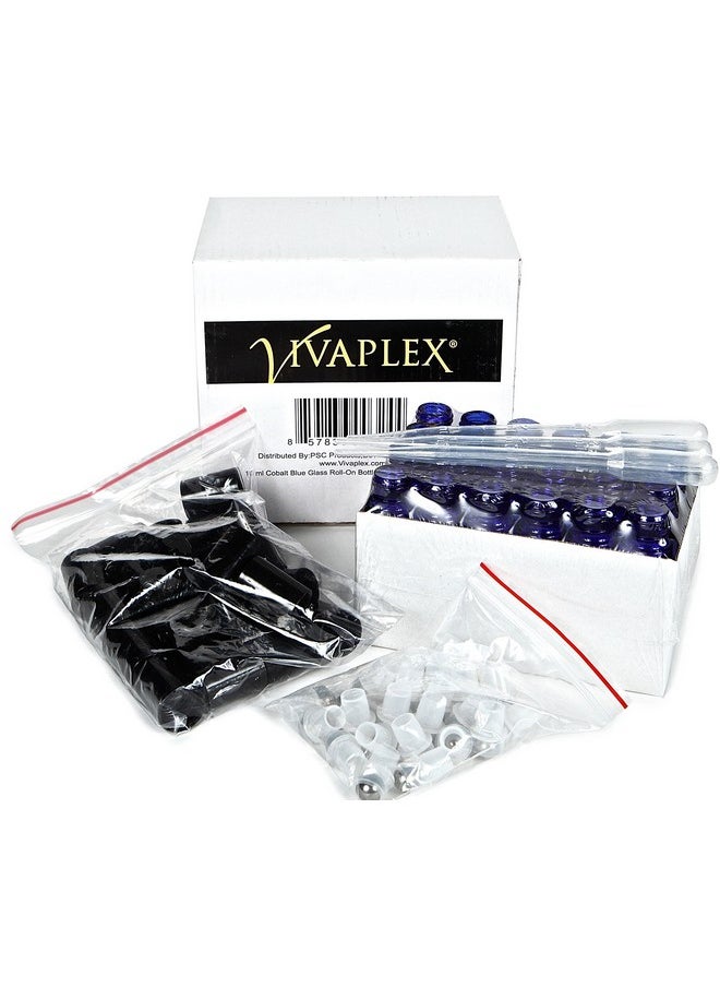Vivaplex, 24, Cobalt Blue, 10 ml Glass Roll-on Bottles with Stainless Steel Roller Balls. 3-3 ml Droppers included