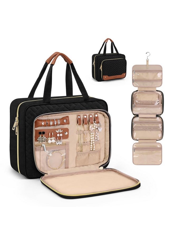 Wedama Toiletry Bag for Women, Hanging Travel Toiletry Bag with Jewelry Organizer Compartment Large Makeup Bag, PVC Waterproof Cosmetic Travel Bag for Travel Business Trips Camping Bathroom, Black