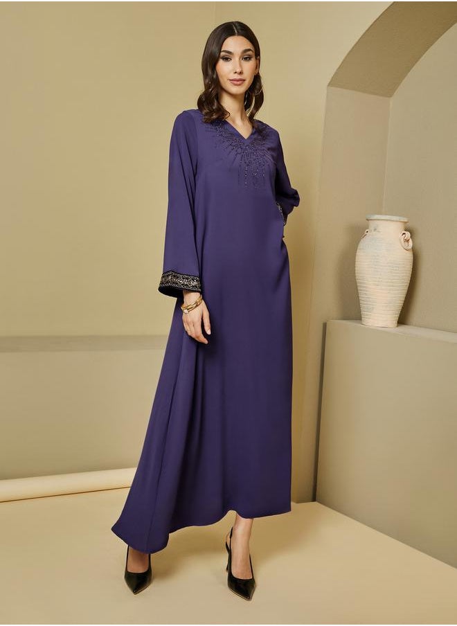 Crepe Textured Embellished V Neck Jalabiya