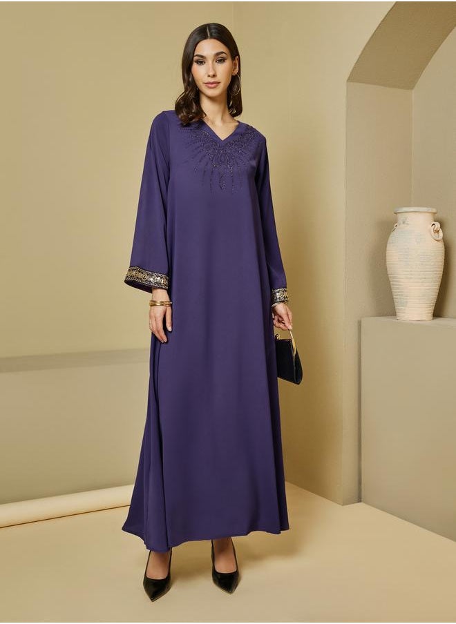 Crepe Textured Embellished V Neck Jalabiya