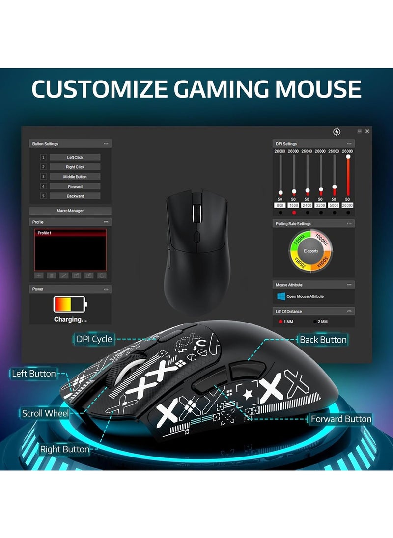 ATTACK SHARK R1 Wireless Gaming Mouse – Tri-Mode (2.4G/BT5.2/Wired), 55g Ultra-Light – 18K DPI PAW3311 Sensor – HUYU 20M Clicks – Ergonomic – Black + Grip Tape