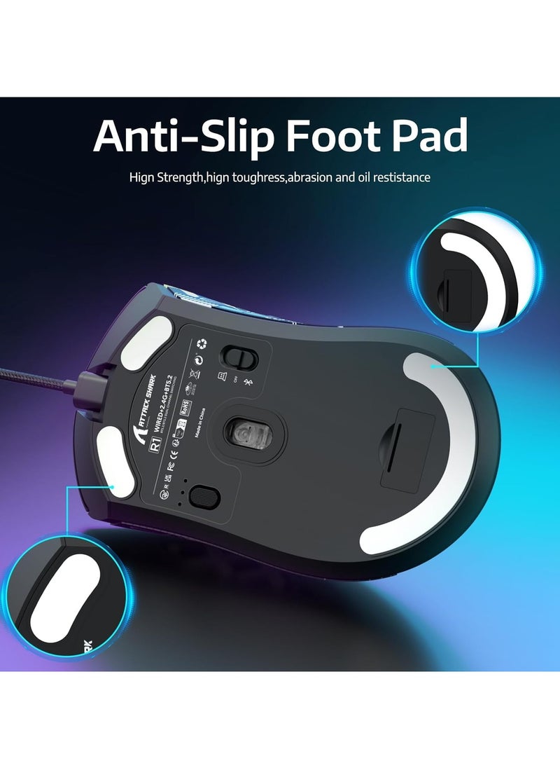 ATTACK SHARK R1 Wireless Gaming Mouse – Tri-Mode (2.4G/BT5.2/Wired), 55g Ultra-Light – 18K DPI PAW3311 Sensor – HUYU 20M Clicks – Ergonomic – Black + Grip Tape