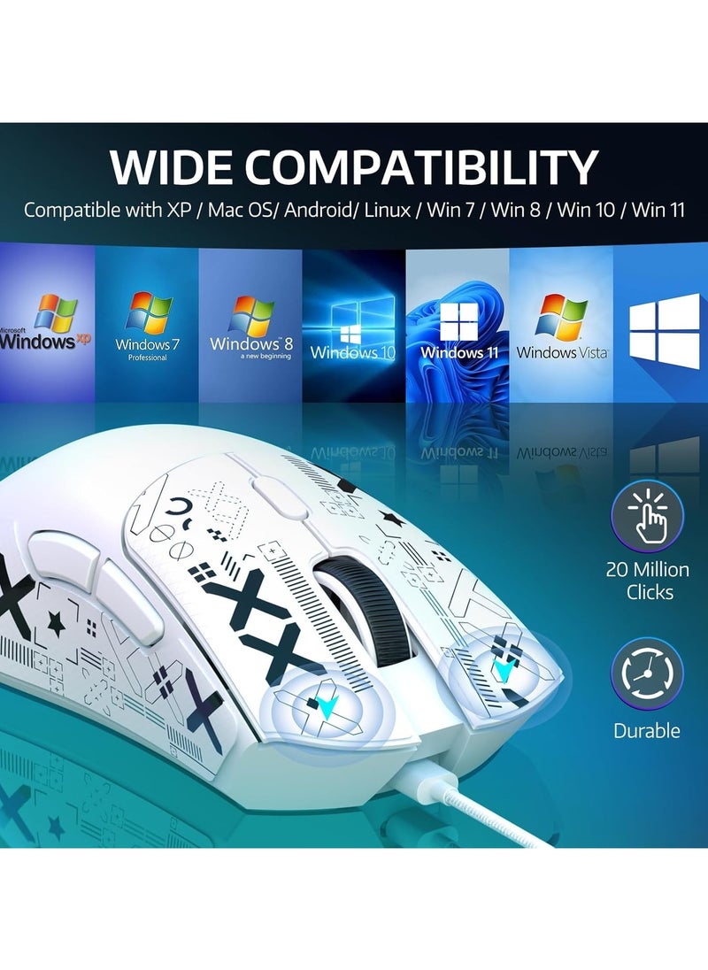 ATTACK SHARK R1 Wireless Gaming Mouse – Tri-Mode (2.4G/BT5.2/Wired), 55g Ultra-Light – 18K DPI PAW3311 Sensor – HUYU 20M Clicks – Ergonomic – White + Grip Tape