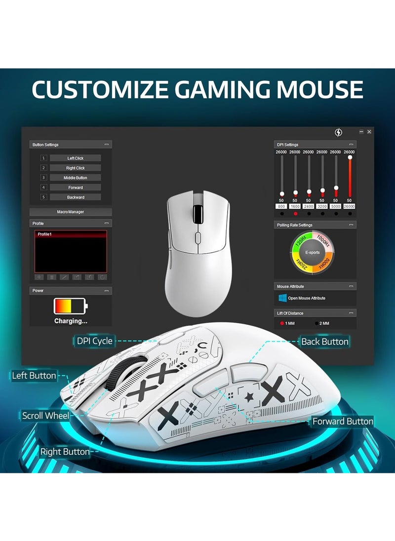 ATTACK SHARK R1 Wireless Gaming Mouse – Tri-Mode (2.4G/BT5.2/Wired), 55g Ultra-Light – 18K DPI PAW3311 Sensor – HUYU 20M Clicks – Ergonomic – White + Grip Tape