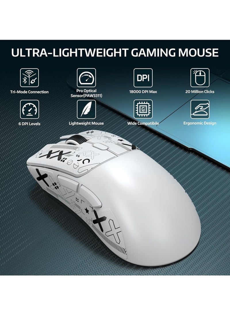 ATTACK SHARK R1 Wireless Gaming Mouse – Tri-Mode (2.4G/BT5.2/Wired), 55g Ultra-Light – 18K DPI PAW3311 Sensor – HUYU 20M Clicks – Ergonomic – White + Grip Tape