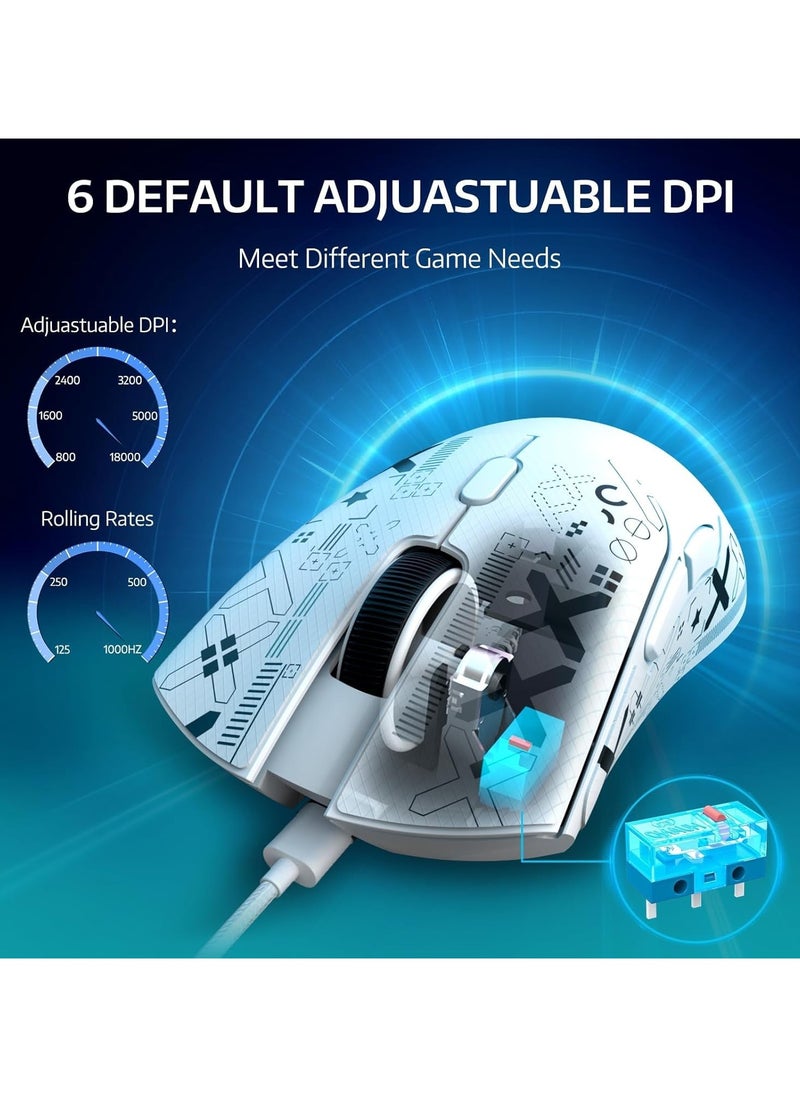 ATTACK SHARK R1 Wireless Gaming Mouse – Tri-Mode (2.4G/BT5.2/Wired), 55g Ultra-Light – 18K DPI PAW3311 Sensor – HUYU 20M Clicks – Ergonomic – White + Grip Tape