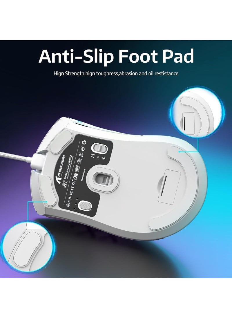 ATTACK SHARK R1 Wireless Gaming Mouse – Tri-Mode (2.4G/BT5.2/Wired), 55g Ultra-Light – 18K DPI PAW3311 Sensor – HUYU 20M Clicks – Ergonomic – White + Grip Tape
