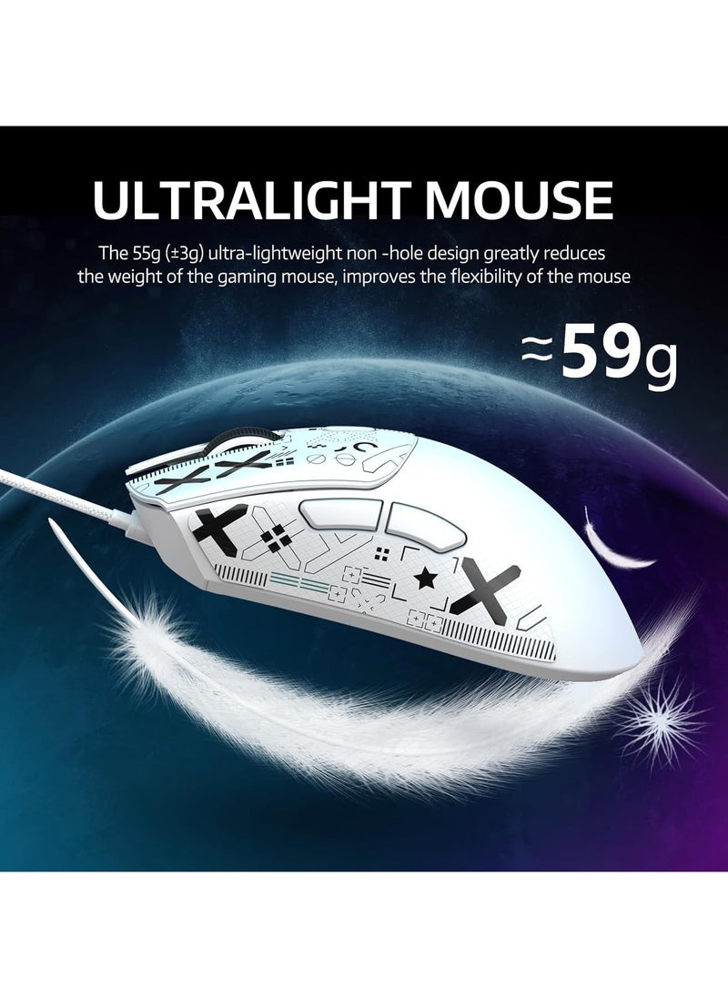 ATTACK SHARK R1 Wireless Gaming Mouse – Tri-Mode (2.4G/BT5.2/Wired), 55g Ultra-Light – 18K DPI PAW3311 Sensor – HUYU 20M Clicks – Ergonomic – White + Grip Tape
