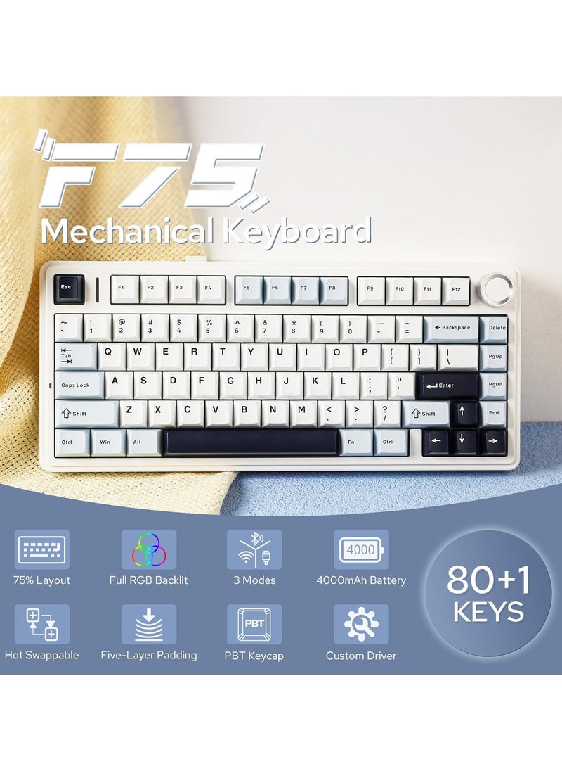 AULA F75 Wireless Mechanical Gaming Keyboard – 75% Compact Gasket Mount – Tri-Mode Bluetooth 5.0/2.4G/USB-C – Hot-Swappable LEOBOG Reaper Switches – RGB Backlit – Long Battery Life – Ultra-Fast Response for PC/Mac – (Light Blue)