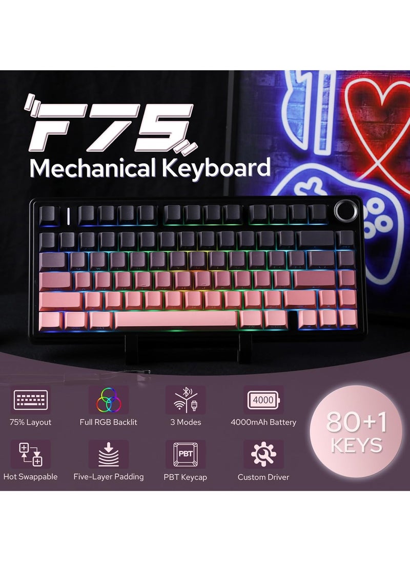 AULA F75 Wireless Mechanical Gaming Keyboard – 75% Compact Gasket Mount – Tri-Mode Bluetooth 5.0/2.4G/USB-C – Hot-Swappable Switches – RGB Backlit – Long Battery Life – Ultra-Fast Response for PC/Mac (Black Pink Gradient, LEOBOG Reaper Switch)