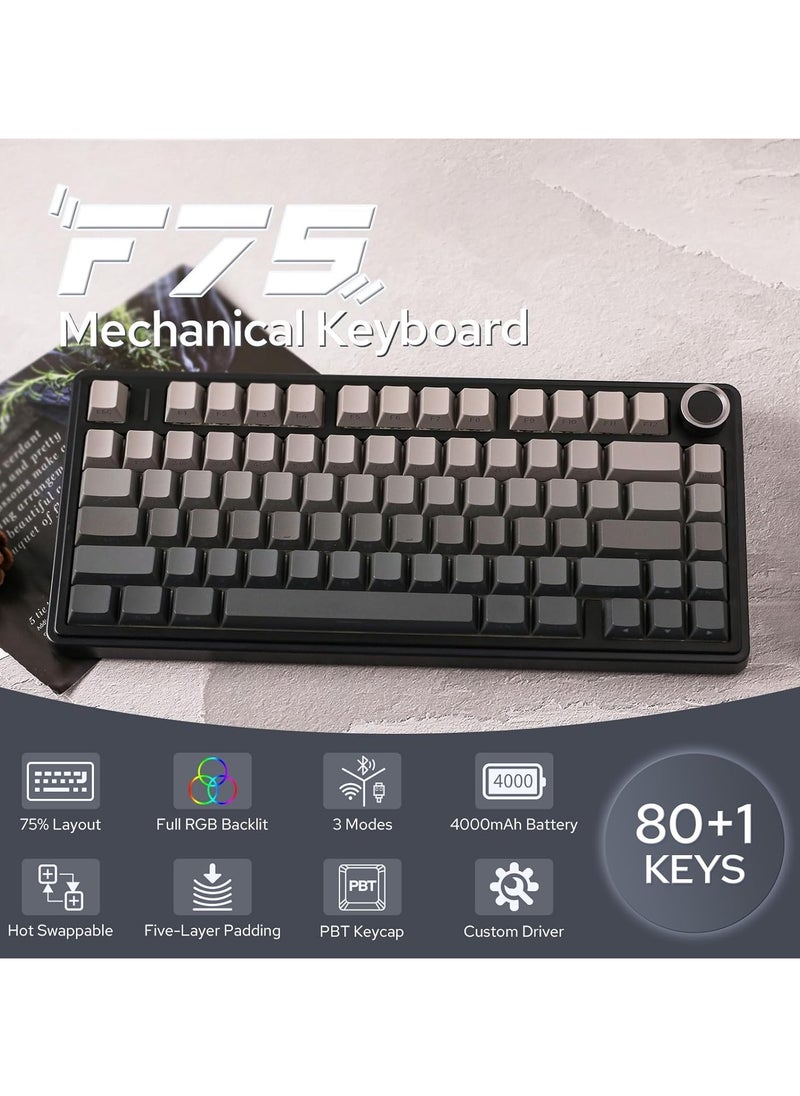 AULA F75 Wireless Mechanical Gaming Keyboard – 75% Compact Gasket Mount – Tri-Mode Bluetooth 5.0/2.4G/USB-C – Hot-Swappable LEOBOG Reaper Switches – RGB Backlit – Long Battery Life – Ultra-Fast Response for PC/Mac – (Black Gradient)