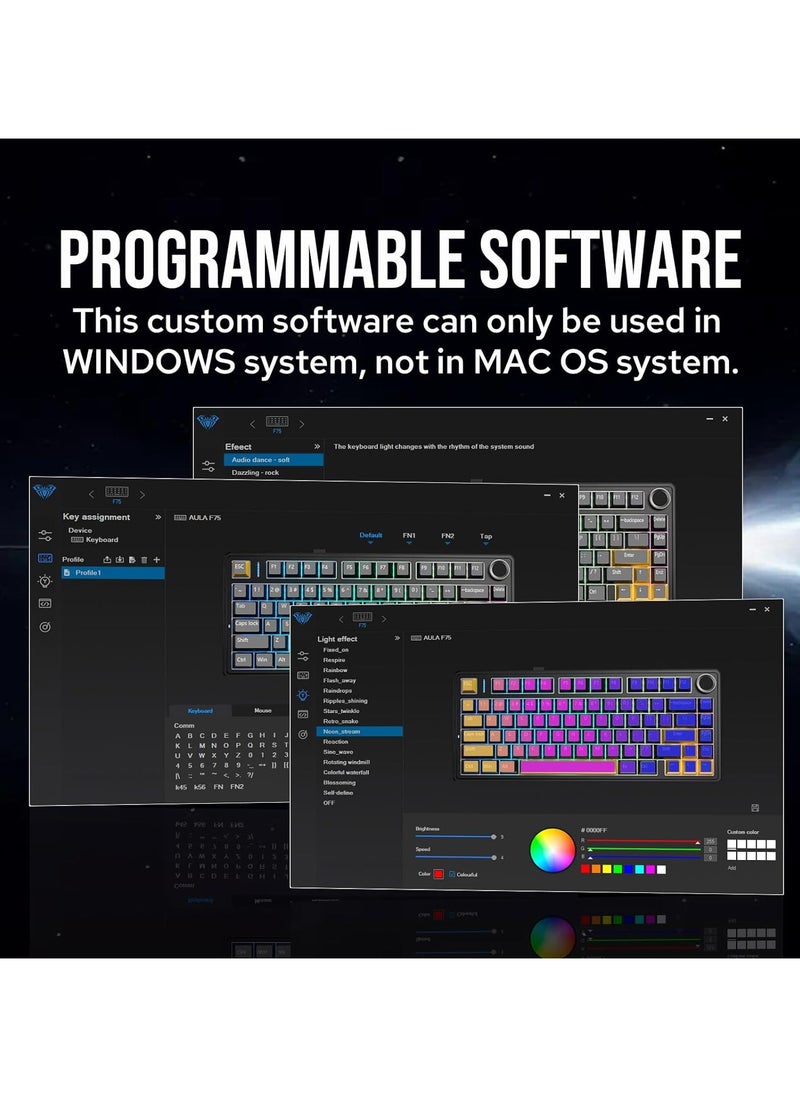 AULA F75 Wireless Mechanical Gaming Keyboard – 75% Compact Gasket Mount – Tri-Mode Bluetooth 5.0/2.4G/USB-C – Hot-Swappable LEOBOG Reaper Switches – RGB Backlit – Long Battery Life – Ultra-Fast Response for PC/Mac – (Black Gradient)