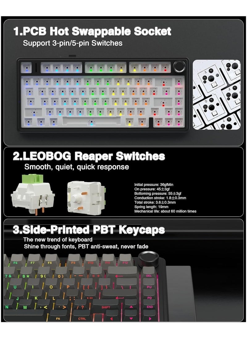 AULA F75 Wireless Mechanical Gaming Keyboard – 75% Compact Gasket Mount – Tri-Mode Bluetooth 5.0/2.4G/USB-C – Hot-Swappable LEOBOG Reaper Switches – RGB Backlit – Long Battery Life – Ultra-Fast Response for PC/Mac – (Black Gradient)