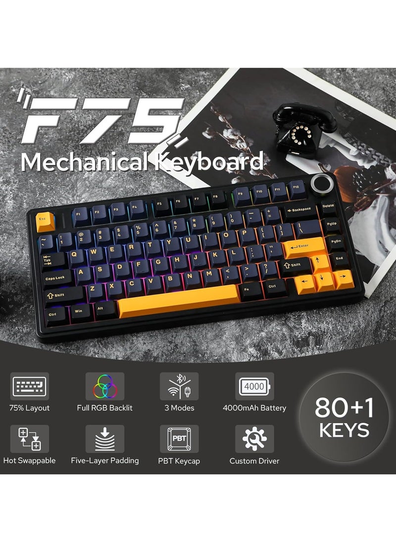AULA F75 Wireless Mechanical Gaming Keyboard – 75% Compact Gasket Mount – Tri-Mode Bluetooth 5.0/2.4G/USB-C – Hot-Swappable Crescent Switches – RGB Backlit – Long Battery Life – Ultra-Fast Response for PC/Mac – (Black)