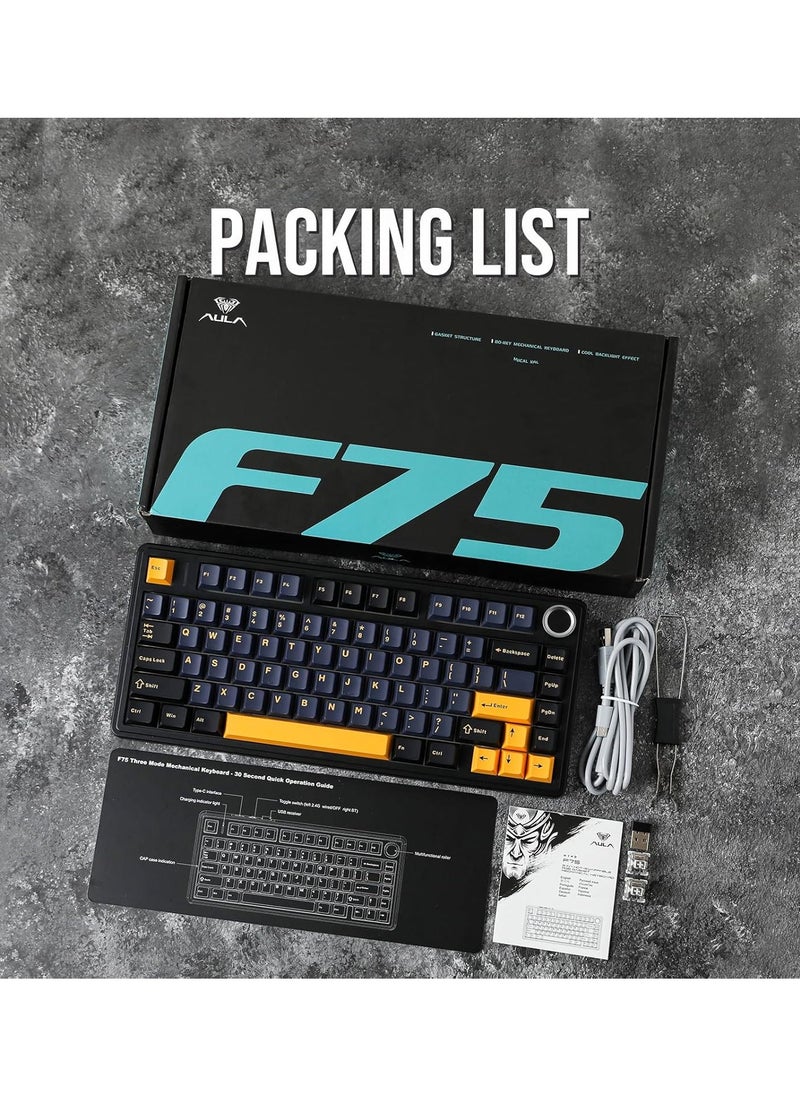 AULA F75 Wireless Mechanical Gaming Keyboard – 75% Compact Gasket Mount – Tri-Mode Bluetooth 5.0/2.4G/USB-C – Hot-Swappable Crescent Switches – RGB Backlit – Long Battery Life – Ultra-Fast Response for PC/Mac – (Black)