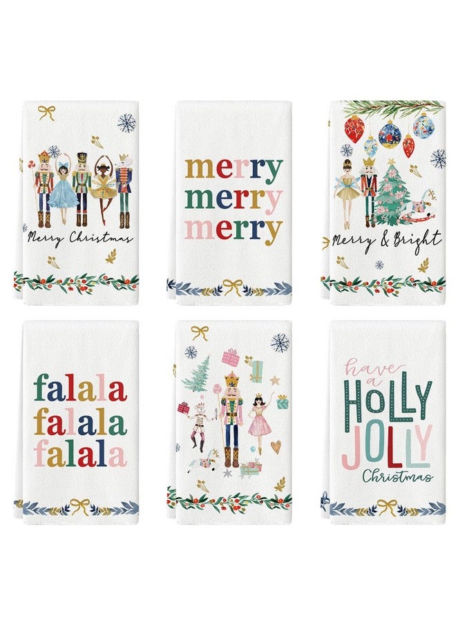 Artoid Mode Nutcracker Xmas Tree Holly Ornament Motto Merry Christmas Kitchen Towels Dish Towels, 18x26 Inch Farmhouse Decoration Hand Towels Set of 6