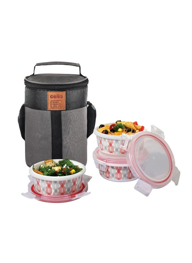 CELLO Red Trellis Opalware Lunch Box with Jacket, 3 Containers Lunch Box, 300ml